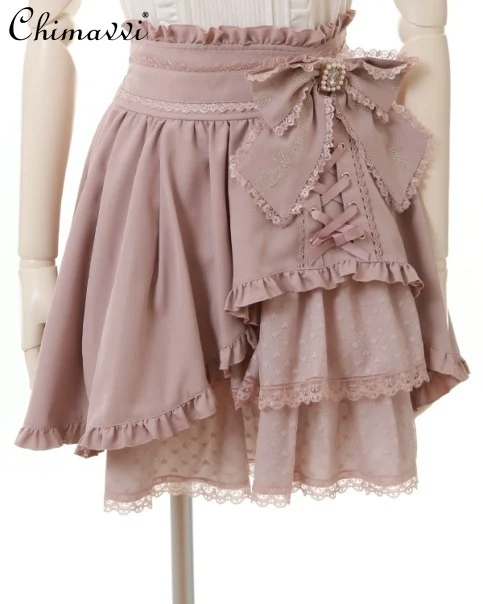 

Japanese Liz Side Lace Bow Lace Irregular Skirts Mine Series Mass-Produced Sweet Lolita Above Knee Skirt Women's Y2k Skirt