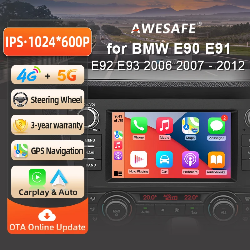 AWESAFE Kabelloses CarPlay Autoradio für BMW E90 E91 E92 E93 2006 2007 2008 2009 2010 2011 2012 mit Android Auto GPS-Navigation Smart-System RDS DSP FM