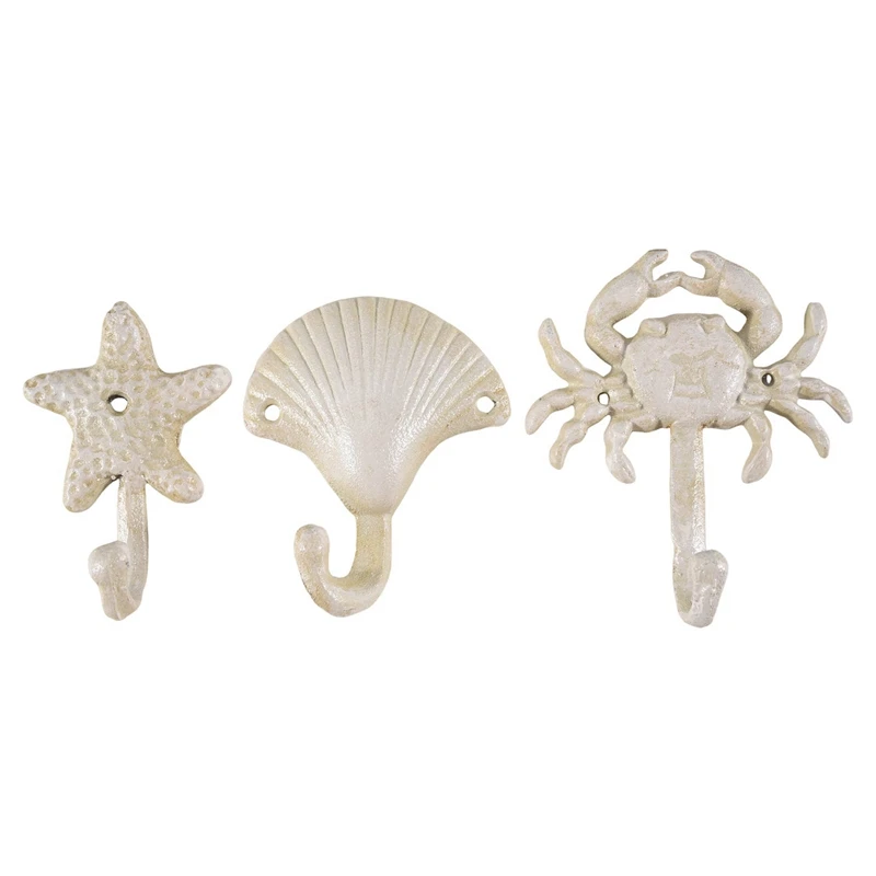 A84M-Set Of 3 Starfish Seashell Crab Cast Iron Decorative Wall Hooks Coats Aprons Towels Hooks Beach Ocean Theme Metal Hooks