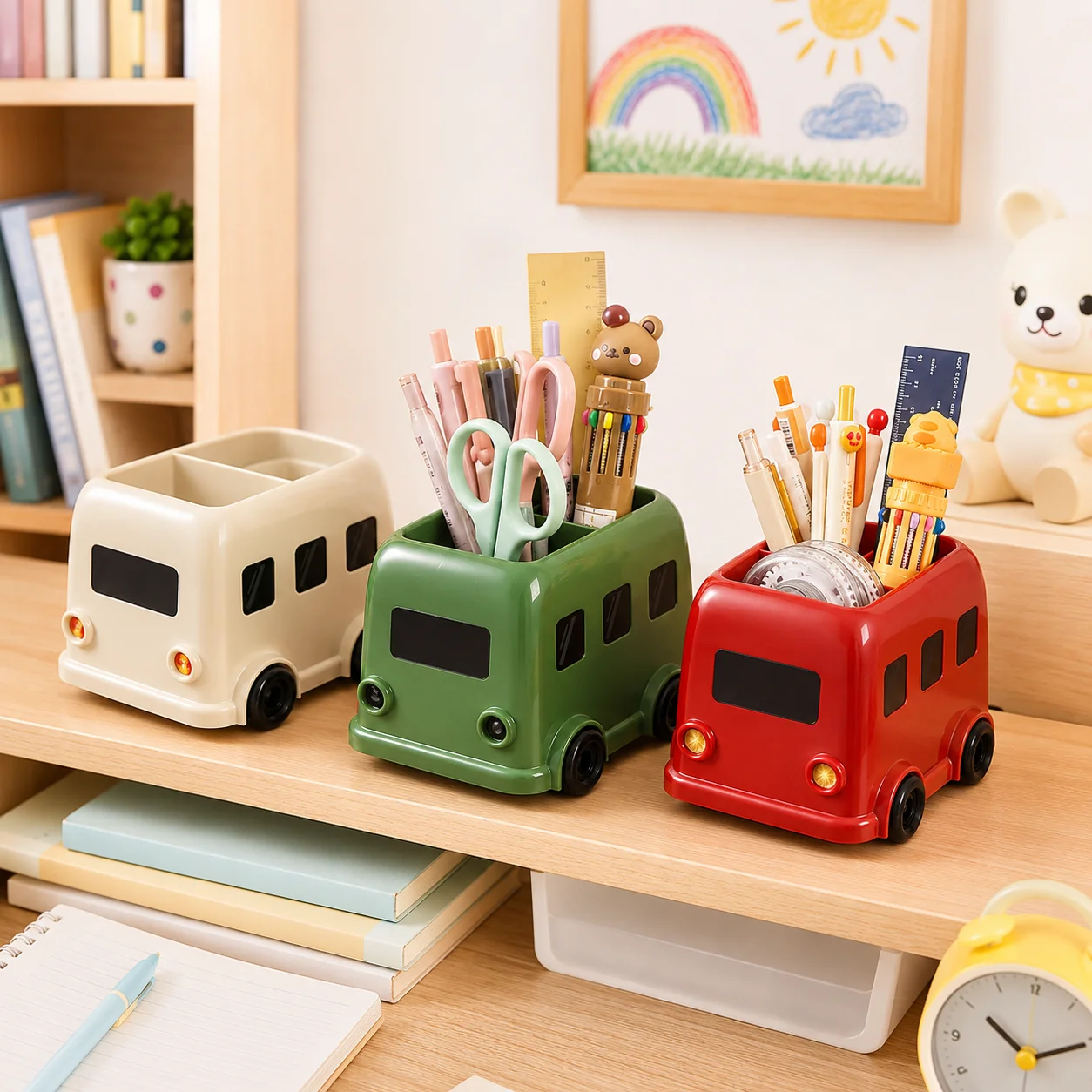 Cute Bus Shaped Pen Holder Multi-Compartment Desktop Organizer Pencil Cup Stationery Storage Box for Office School Desk