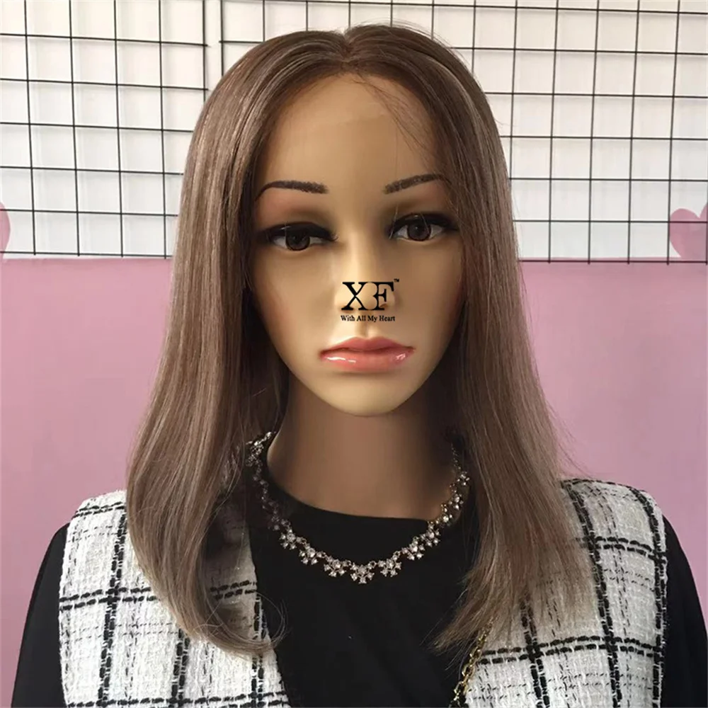 

Stunning highlights Human hair Bob Wig Synthetic Fibre Lace top wigs for Women Brown Brunette Short Straight Glueless Wig 13x4