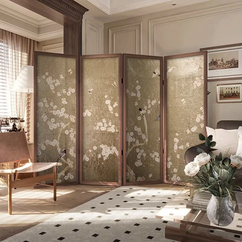 Living room simple modern Chinese hotel shade bedroom family tea room solid wood folding screen