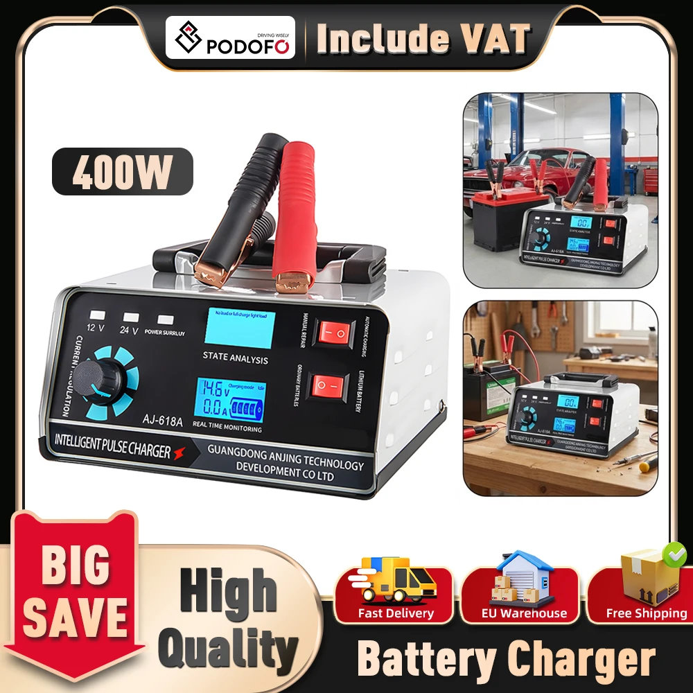 Chargeur de batterie intelligent Podofo pour voiture 12V/24V, grande puissance 400W, chargeur intelligent à impulsions pour réparation de batterie, compatible voiture, SUV, camion, bateau