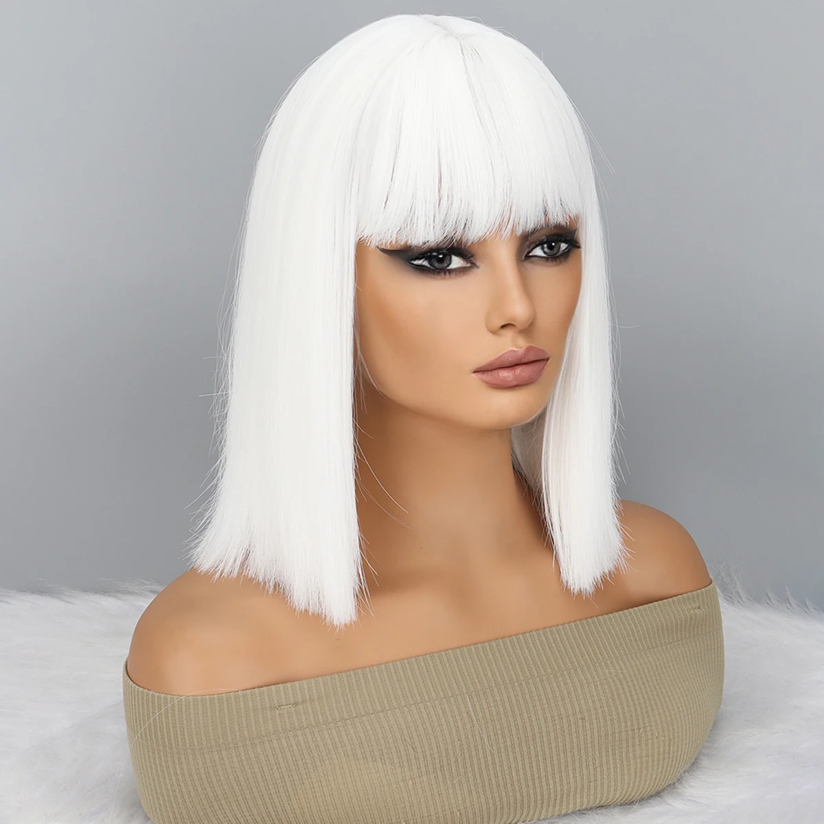 Synthetic Short Bob Wig with Bangs For Women Bob Wigs White Wig For Party Daily Use Shoulder Length