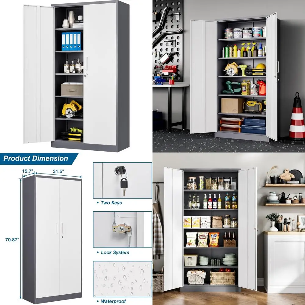 ตู้เก็บของโลหะสูง 71 นิ้ว พร้อมชั้นวางปรับระดับได้และประตูล็อคได้ สำหรับใช้ในโรงรถ สำนักงาน และบ้าน