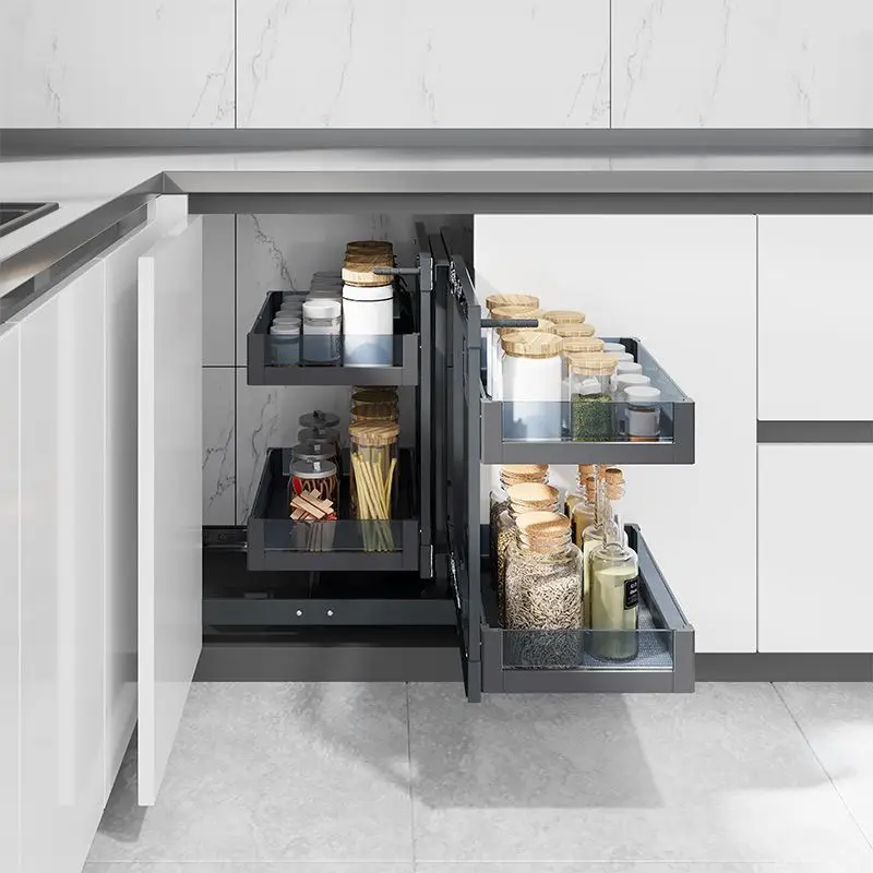 خزانة مطبخ بتصميم حديث، سلة قابلة للسحب، زاوية سحرية عالمية لتخزين فعال