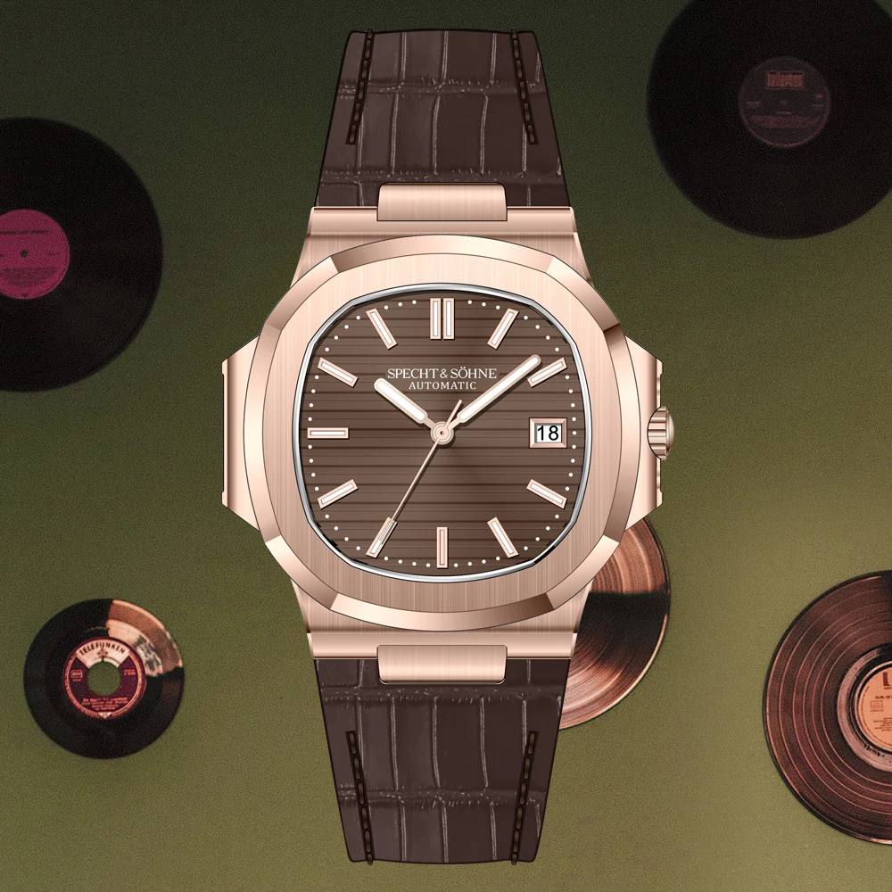 Specht&Sohne Neue klassische 5711 Herrenuhr Roségold automatische mechanische Uhren echtes Leder Saphirglas Reloj Hombre