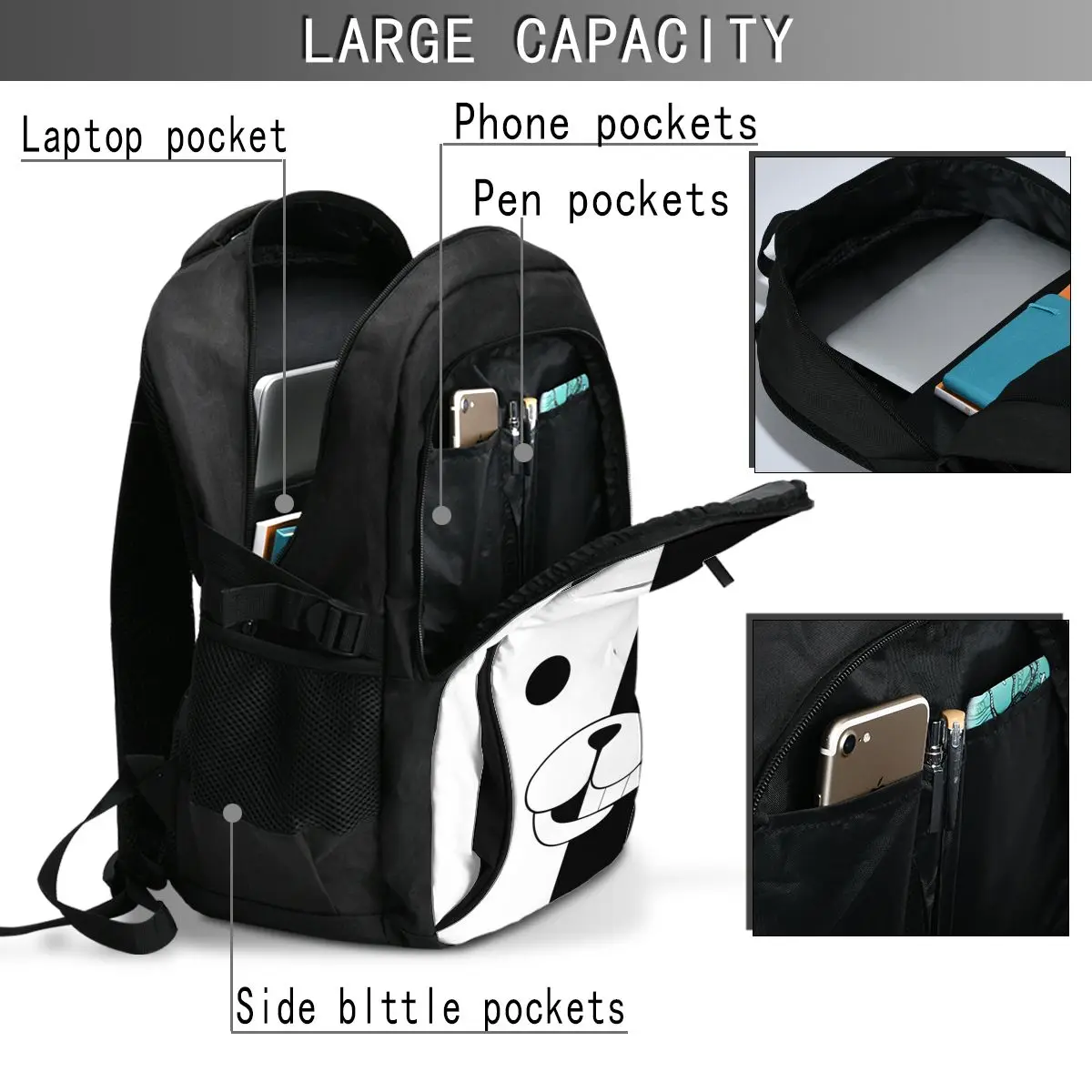 Zaino per Laptop da viaggio Danganronpa Monokuma, zaino per Laptop resistente all'acqua aziendale con porta di ricarica USB, borsa per College