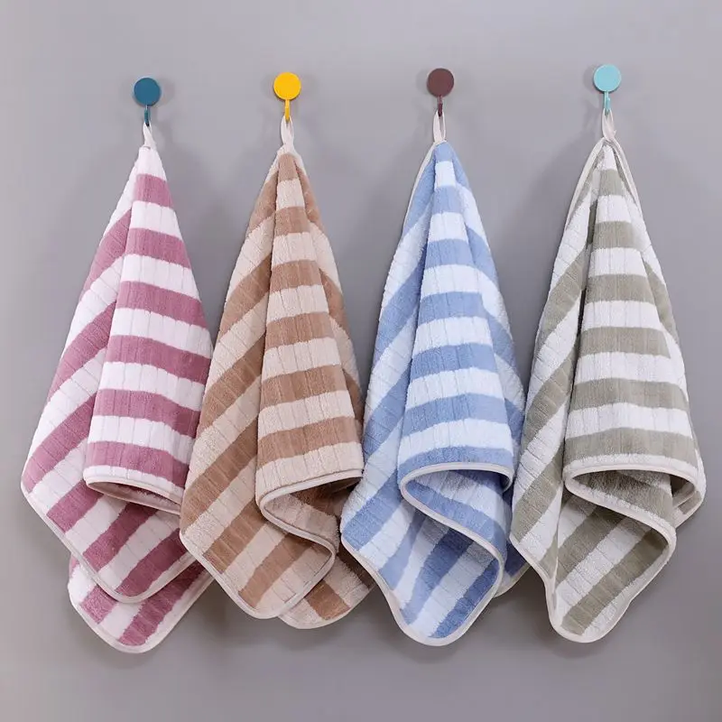 2 Pack Striped Hand Towels, Ultra Soft Coral Fleece Absorbent Bath with Hanging Loop, Quick Dry Lightweight Face for Bathroom,