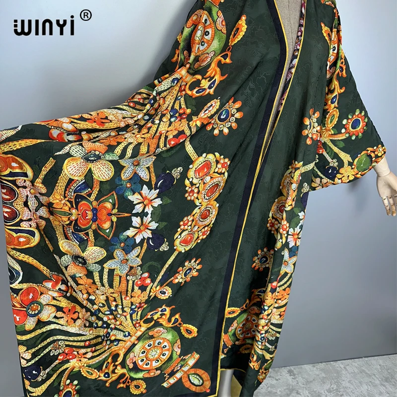 WINYI 핸드롤드 기모노 보헤미안 레트로 프린트 가디건 비치웨어 커버업 카프탄 파티 드레스 아바야 두바이 럭셔리 무슬림 여성 의류