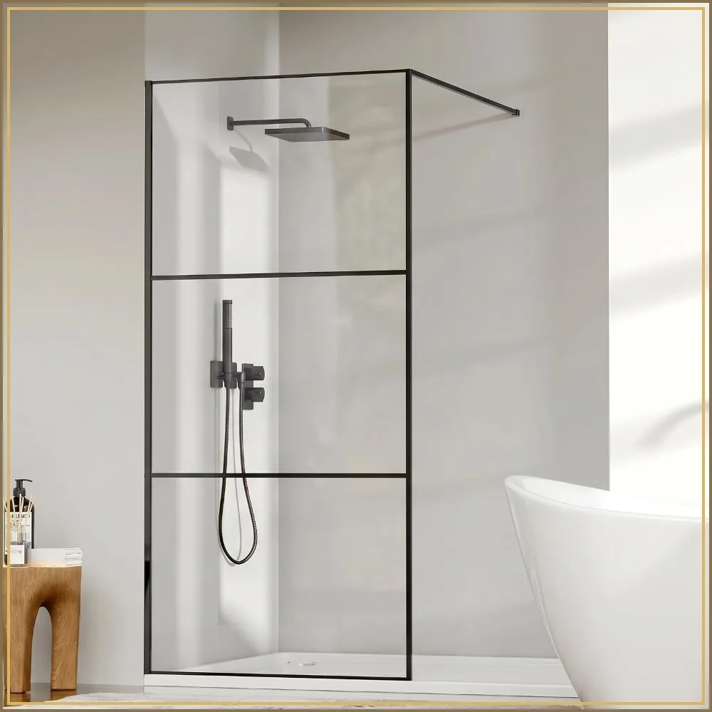 

36"x75" Framed Clear Tempered Glass Shower Screen, Matte Black, Adjustable Bars & 3-Piece Pattern