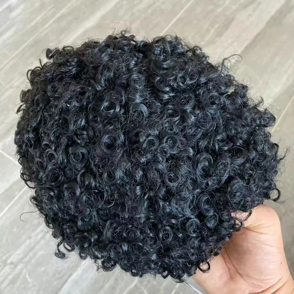 Afro 15mm Lockiges Neues Toupet für Männer, Afroamerikanische Perücken, Grau-Schwarzes Echthaar, Unsichtbares PU-Haut-Ersatzsystem, Prothese – Detail 3