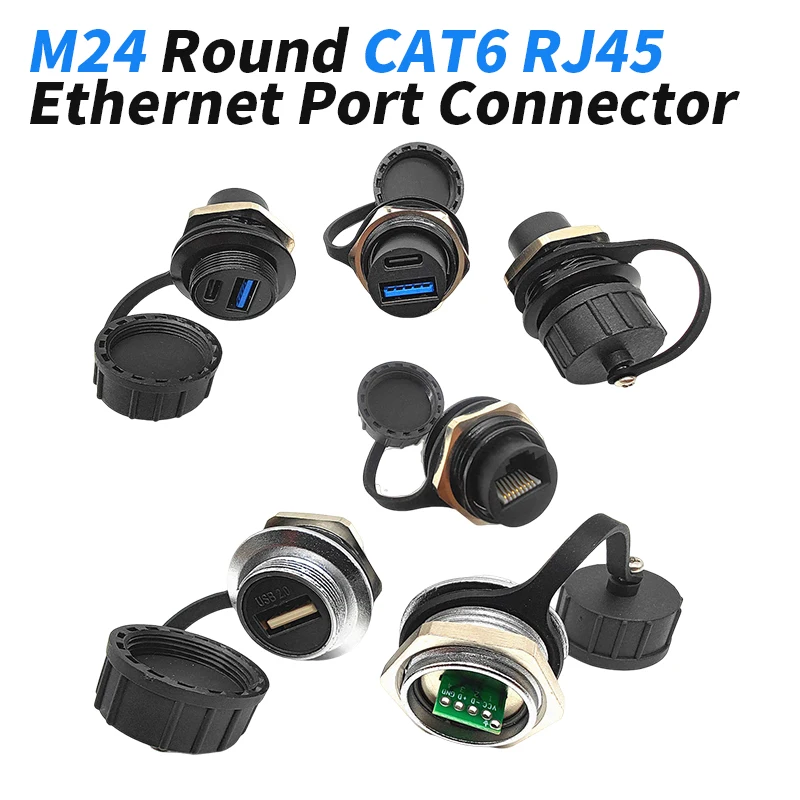 Conector de puerto Ethernet M24 redondo CAT6 RJ45, enchufe hembra USB, enchufe de cabeza de aviación HDMI, IP67-Y68, conectores de datos de datos impermeables