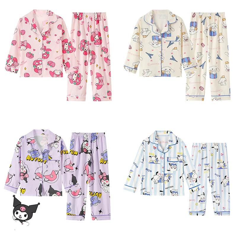 Sanrios Anime Kuromi My Melody Cinnamoroll Home Furnishings Suit Cartoon Cute Cinnamoroll Long Sleeved V-Neck Cardigan Pajamas