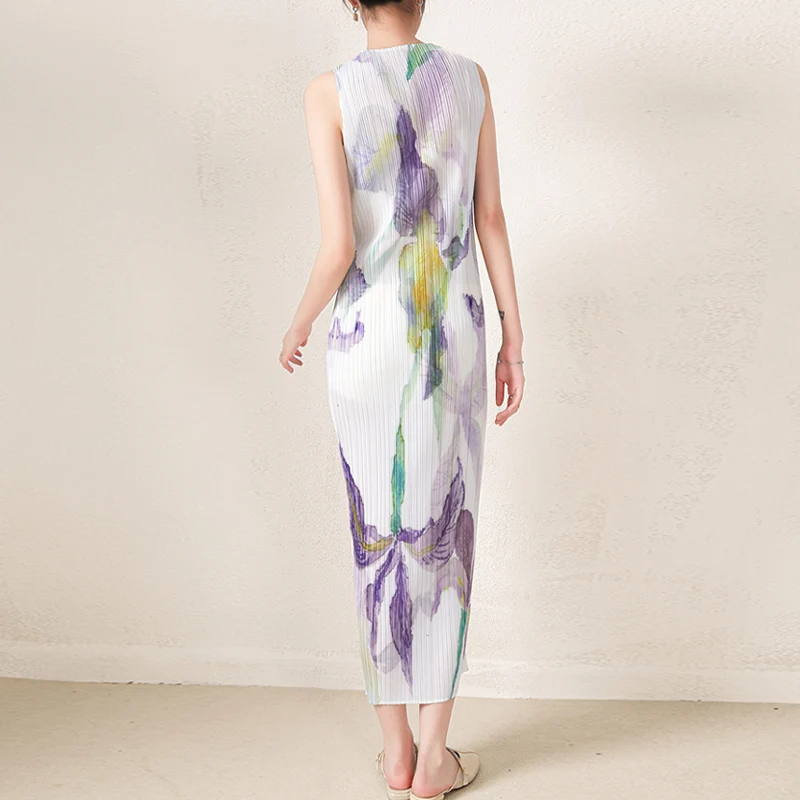 High Quality Miyake Clothing Manufacturers Custom Pleated Printed Dress Woman Casual Style Pencil Dress