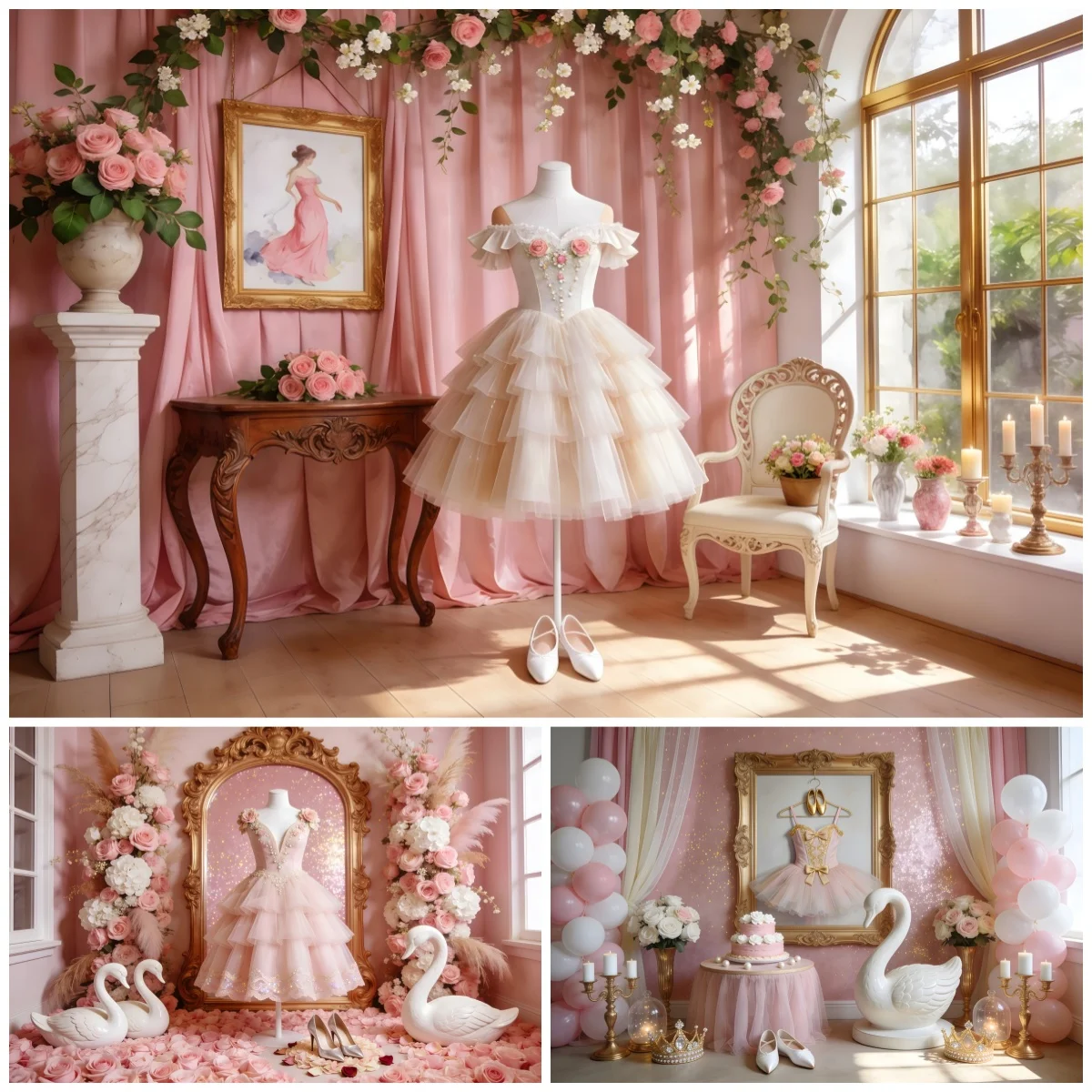 

Розовый фон для фотосессии в стиле балета с принтом принцессы, декор в виде платья-лебедя, фон для детского праздника или дня рождения девочки, для фотографий