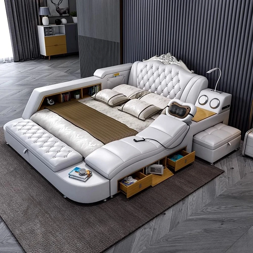 #MANBAS Ultimate Bed Frame Tech Smart Multifunctional Bed with Genuine Leather, Massage, USB, Bluetooth Speaker, Tatami & Safe