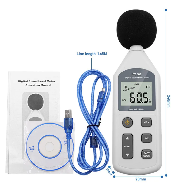 Imagem -05 - Nível Sonoro Medidor 30130db Decibel Medidor Volume Medição Usb Data Storage Hy1361