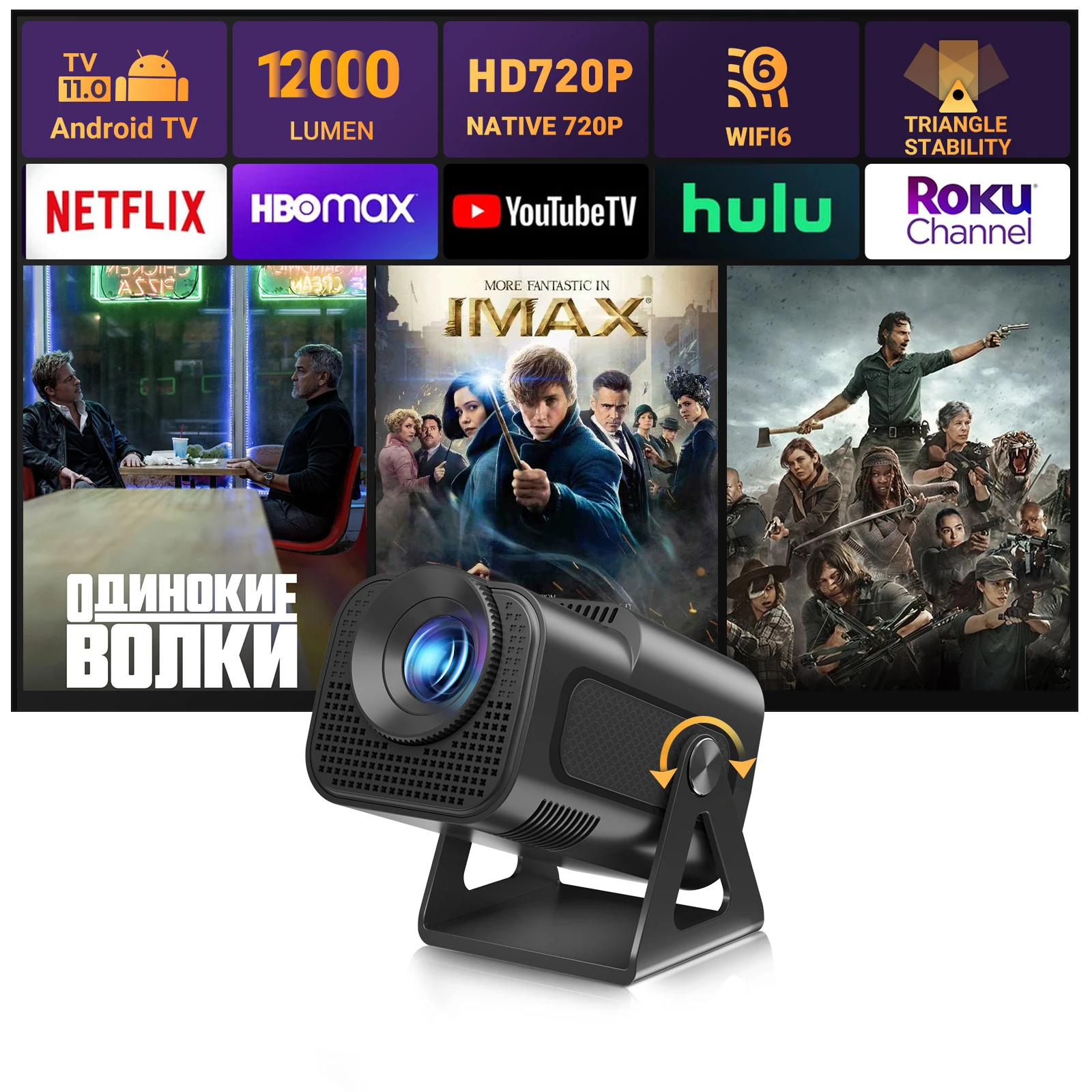 XGODY-Mini Projecteur LED 4K, 12000 Lumens, 5G, WiFi, Bluetooth, Android Beamer, Home Cinéma