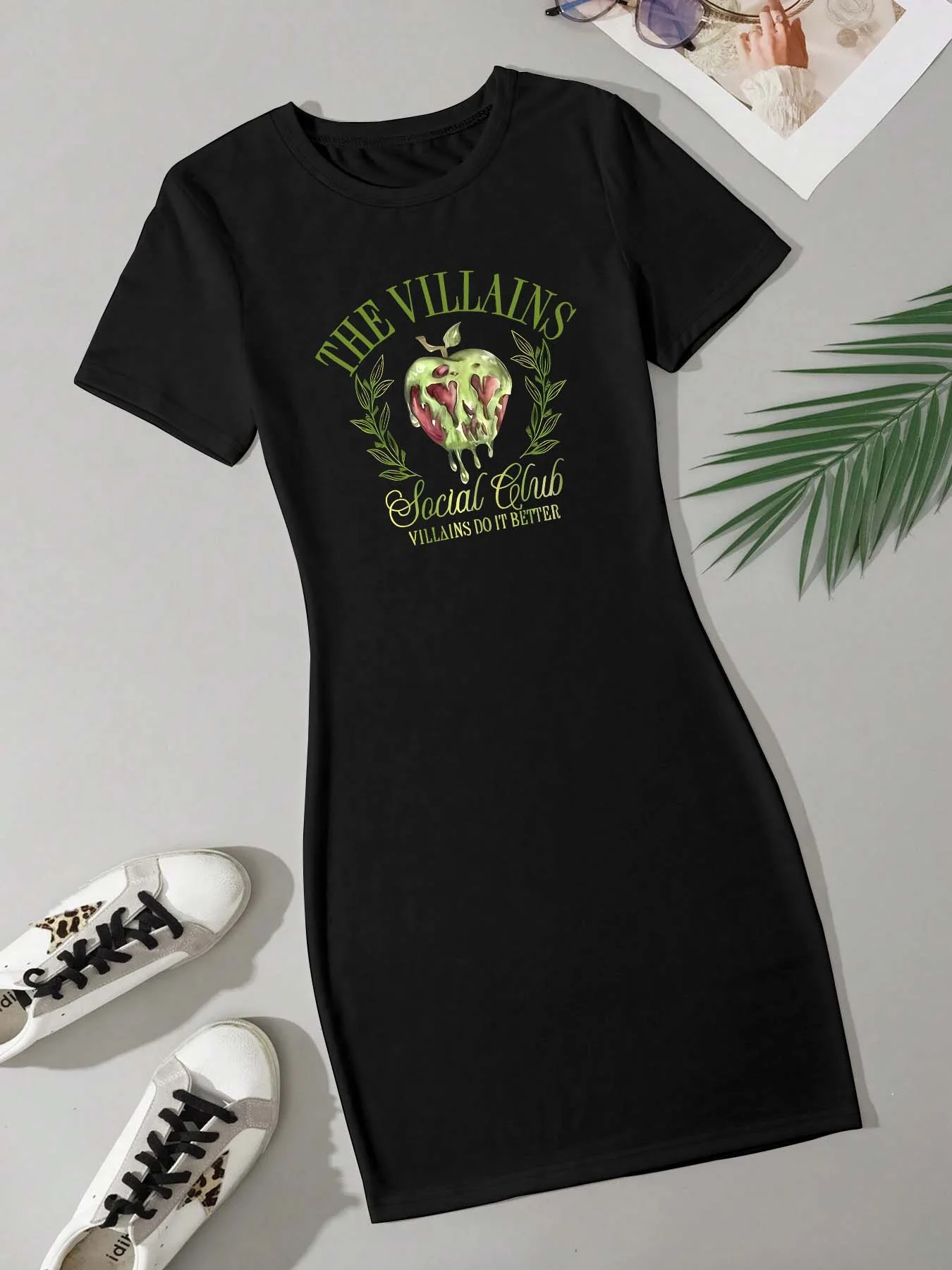 

Новое летнее повседневное платье с круглым вырезом и креативным принтом яблока для женщин больших размеров, дышащее свободное платье в уличном стиле