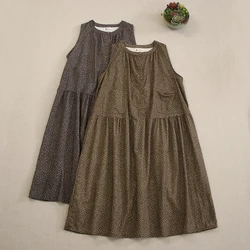 Spring Summer Japanese Vintage Mori Girl Floral Printed Tank Dress Women Half Open Collar Sleeveless Casual Loose Cotton Dress