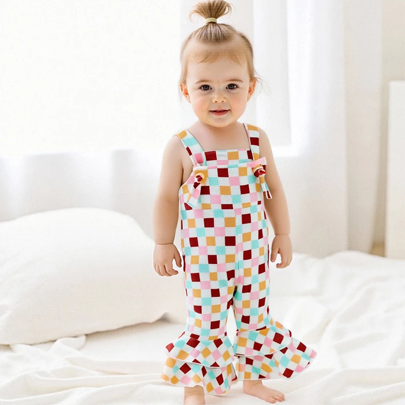 Mono general a cuadros para niñas, elegante traje de pantalones acampanados de verano para uso informal diario