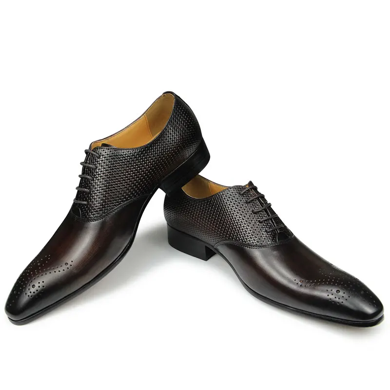 Zapatos de negocios de cuero genuino para hombre, calzado de vestir con cordones Oxfords, punta estrecha, color negro, verde, café