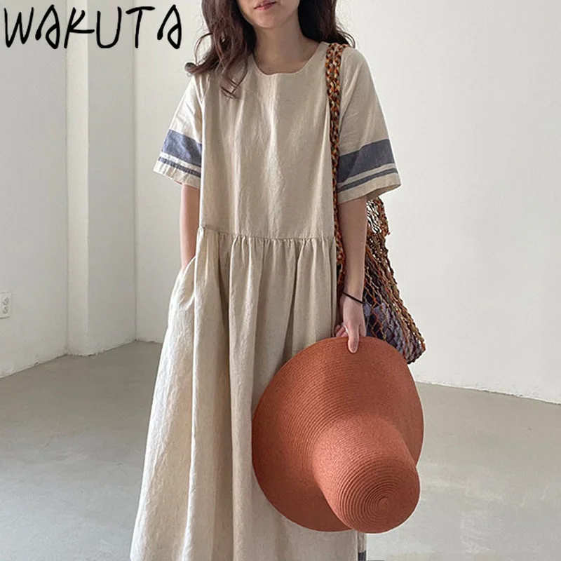 

WAKUTA Vintage Loose Long Dress Female Fashion Japan Style Summer Half Sleeve Contrast Color Patchwork Pockets Women Dresses