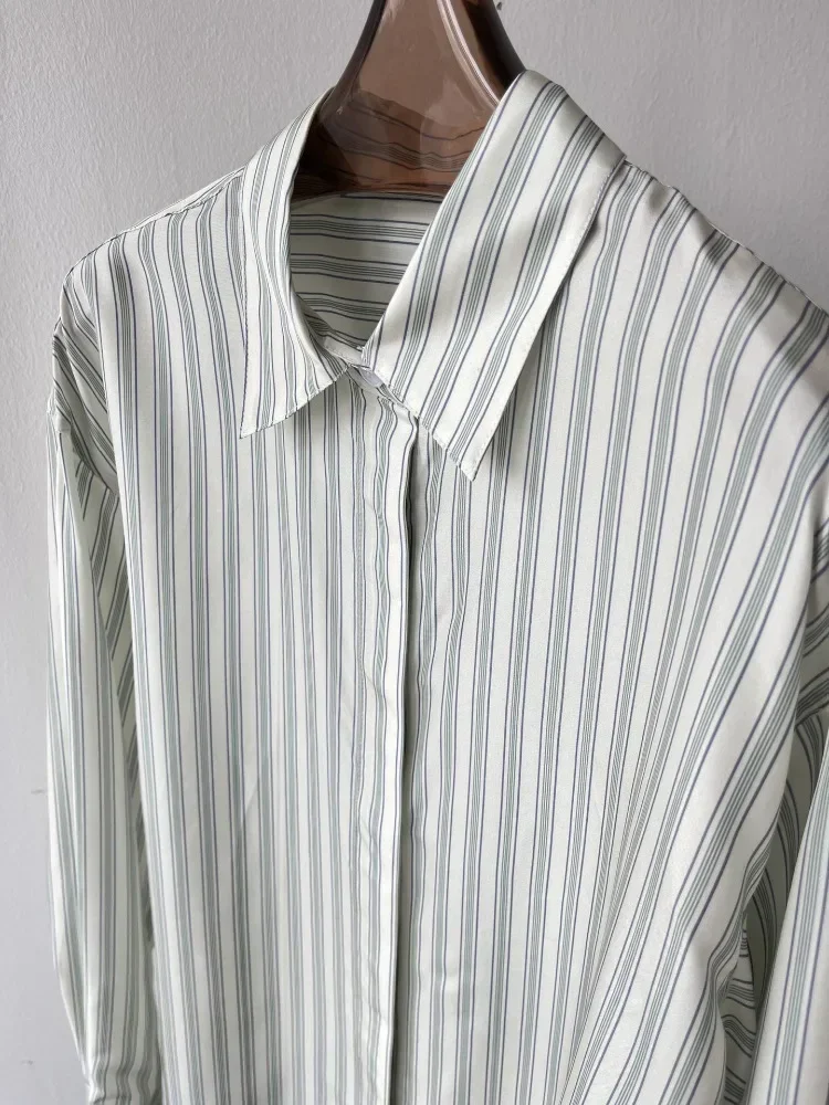 

Women Striped Silk Blouse 2023 Spring Summer Ladies Turn-down Collar Casual Loose Fit Shirt and Top