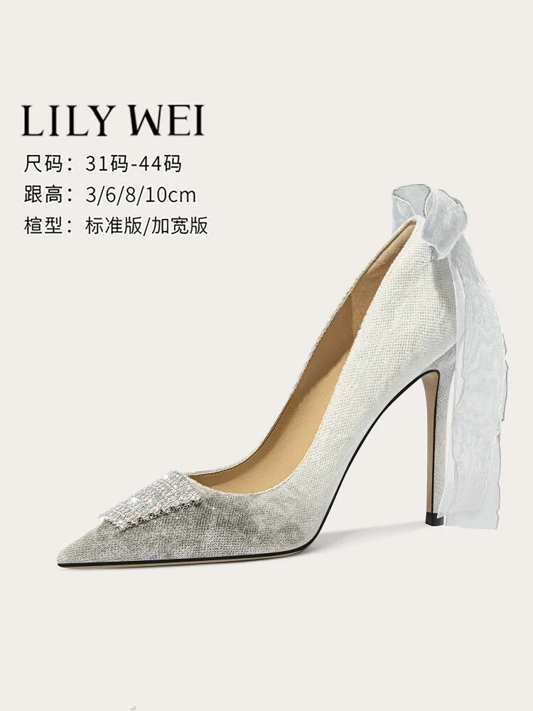 

Spring new cloth contrast color rhinestone ribbon bow low-heeled shoes thin high-heeled banquet large size small size women shoe