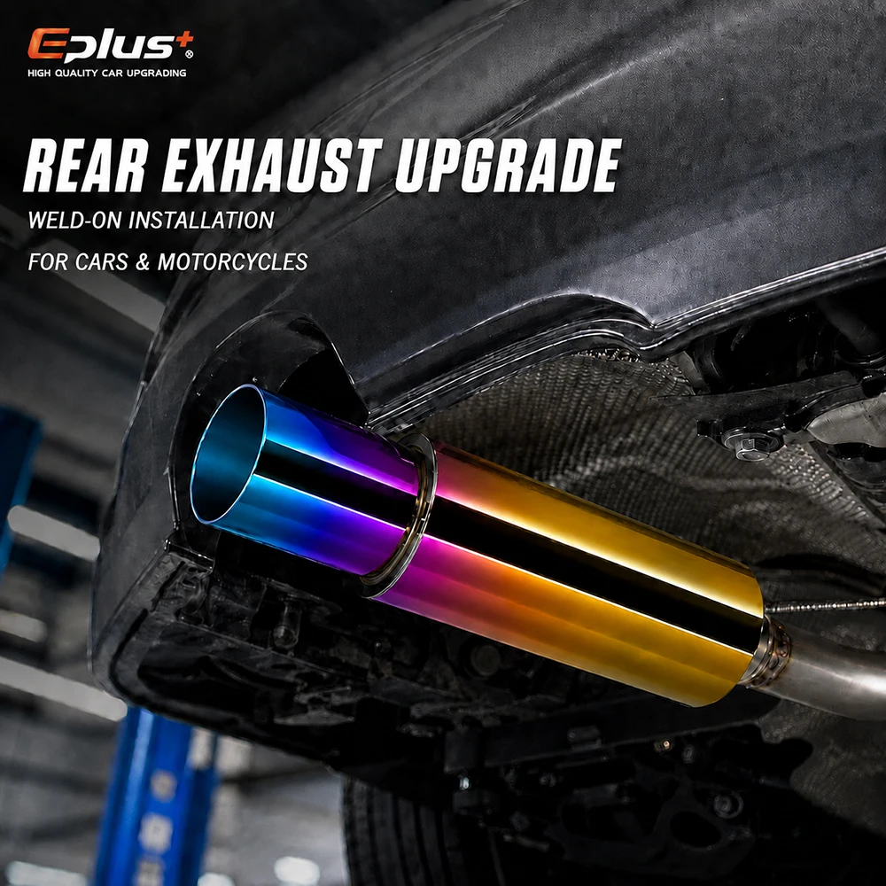 EPLUS Universeller Auto-Auspuff-Schalldämpfer aus Edelstahl mit gerader Schnittspitze, Auto-Auspuff-Resonator, Einlass 51/57/63mm, Auslass 76MM – Detail 3