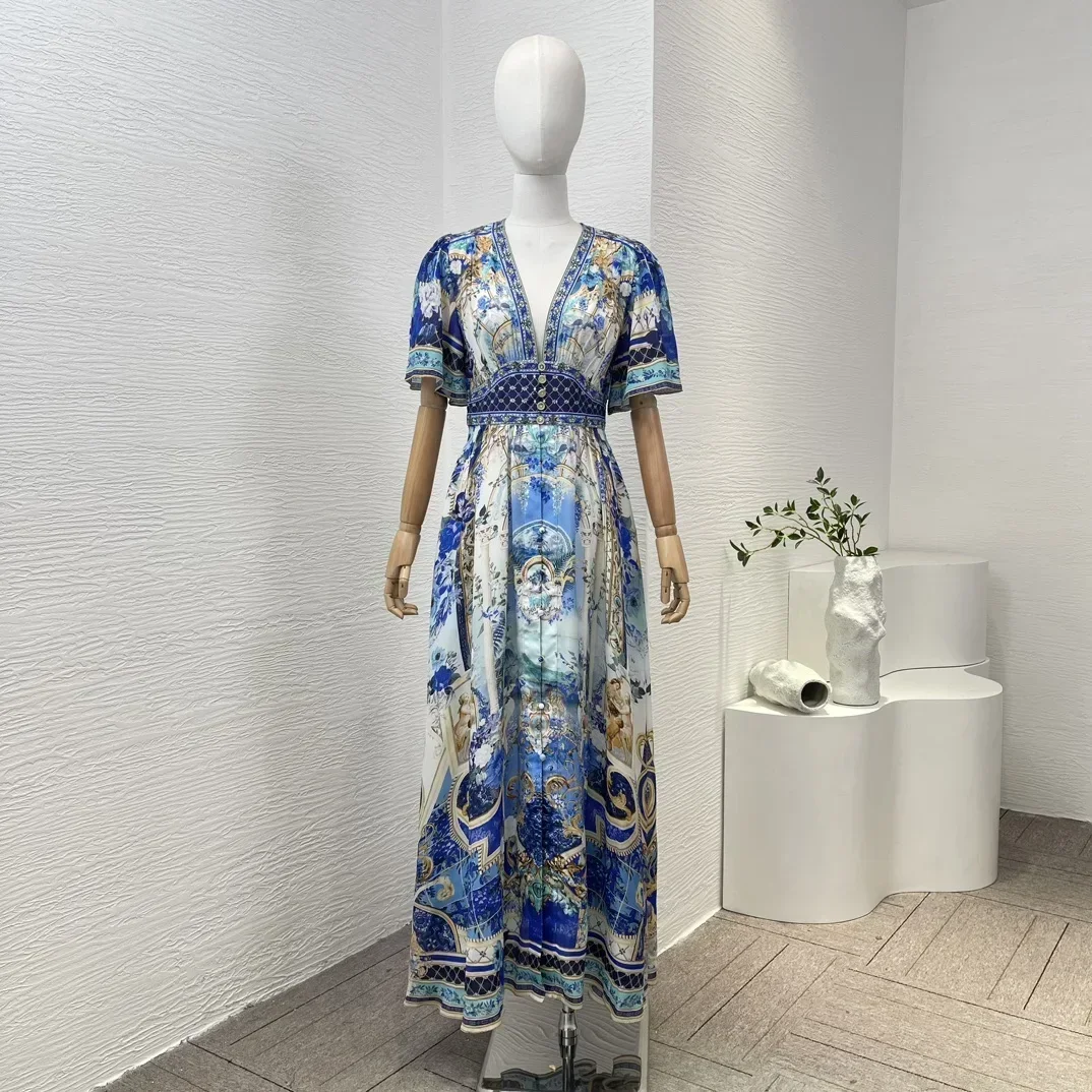 

Diamonds Elastic High Waist Pure Silk 2024 Fashion Collection Blue Floral Print Half Sleeve White Women Vintage Maxi Dress