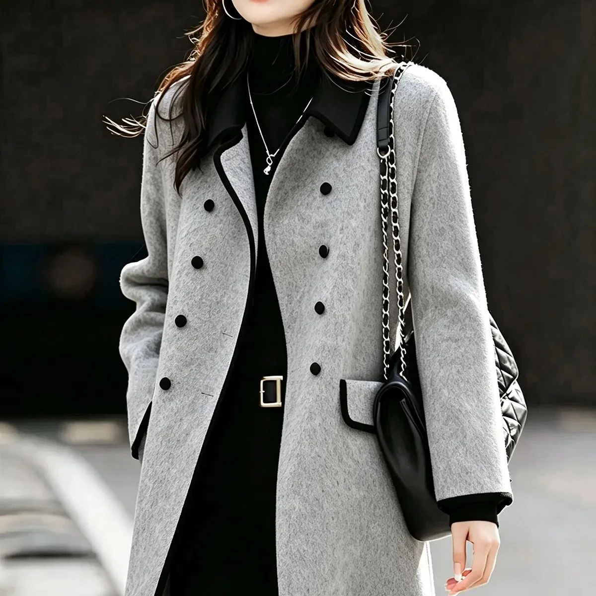 Women Autumn Winter Korean Color Block Woolen Coat, Double Breasted Slim Fit Notch Lapel Mid Length Outerwear