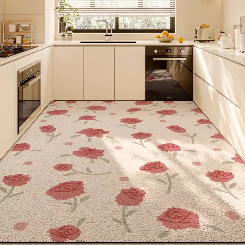 Rural Rose Kitchen Floor Mat Scrubable PVC Waterproof Carpet Dirty Resistant Oil-proof Water Proof Impermeable Rug Tapis Ковер