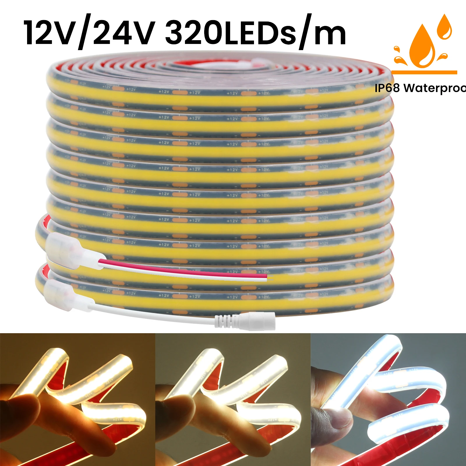 IP68 Waterproof COB LED Strip 12V 24V Flexible LED Neon Tape Ribbon Black PCB 320LEDs High Density Linear Lighting with Adhesive