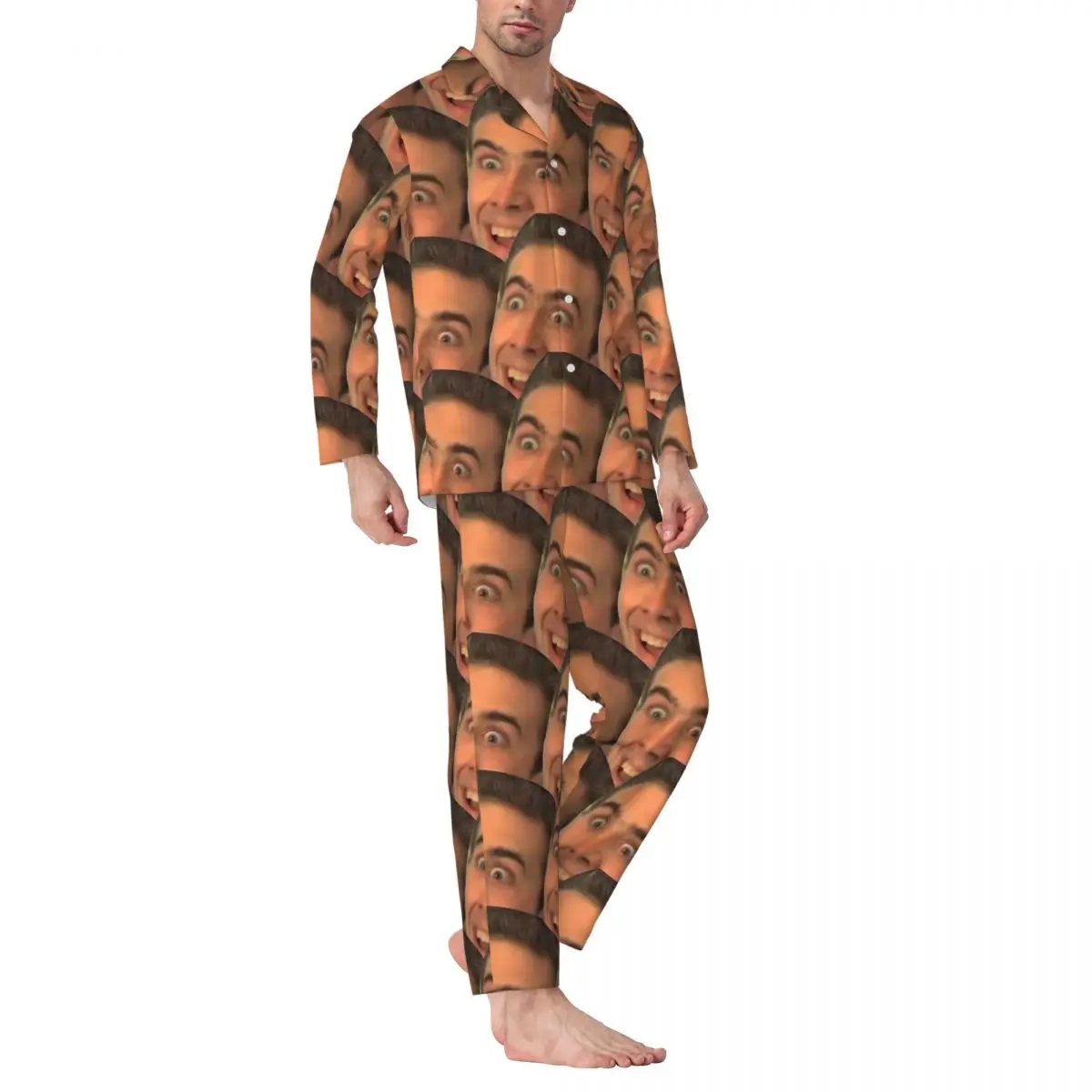 Meme Nicholas Cage Sleepwear Autumn Hilarious Cage Vintage Oversize Pajama Set Male Long Sleeve Soft Home Printed Nightwear