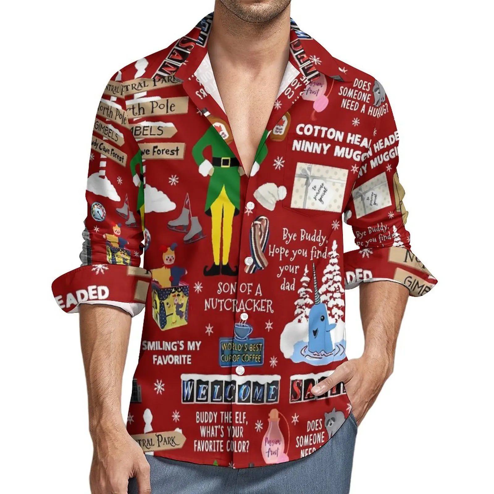 

Men Shirt Christmas Casual Shirts Long Sleeve Buddy The Elf Collage Y2K Funny Blouses Spring Retro Graphic Oversize Clothing