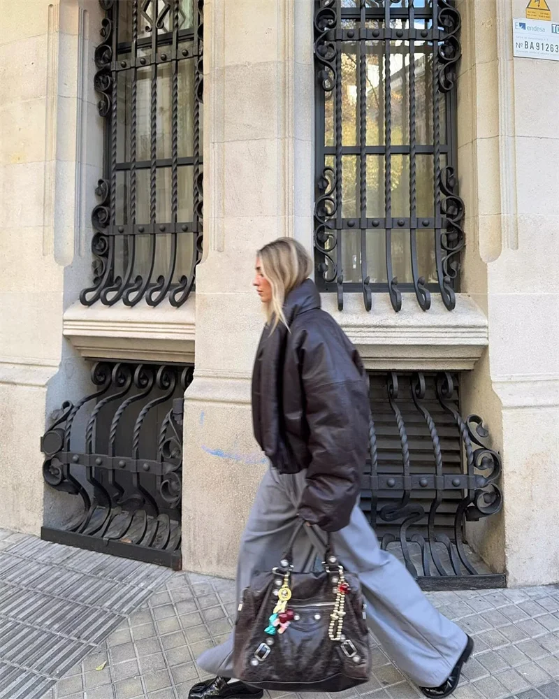 Abrigo con efecto de piel sintética para mujer, chaqueta acolchada con cremallera y solapa grande, estilo motero cálido informal a la moda de otoño e invierno
