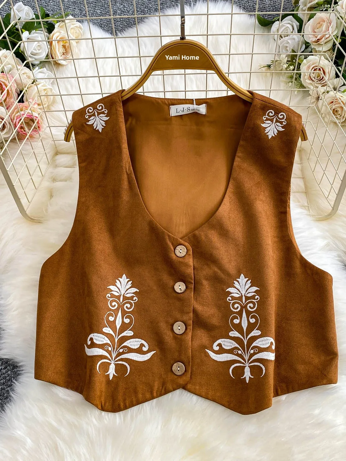 

Ele Brown Deer Skin Velvet Embroidered V-Ne Tank Top Women's Spring Summer Layering Slimming ort Sle Blouse