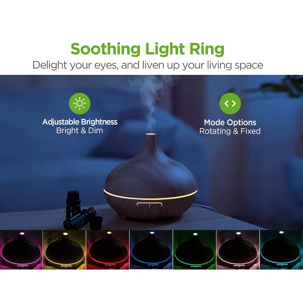 Ultrasonic Aromatherapy Diffuser 550ml with 6 Essential Oils, Cool Mist Humidifier, 4 Timers, 7 Colors, Auto Off, Yellow Wood Gr