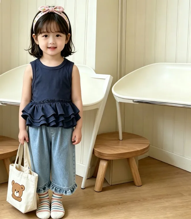 2 pcs set Korean girls summer style ruffled vest  summer children's clothing sweet children's multi-layer pleated lace top