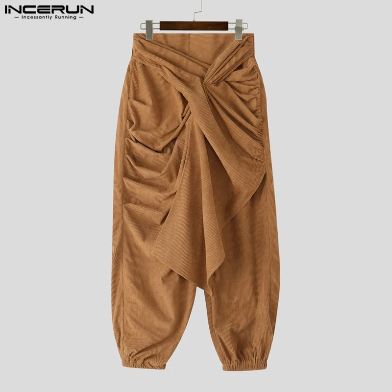 

INCERUN мужские брюки нестандартной формы, однотонные джоггеры, повседневные брюки на шнуровке, мужская уличная одежда, свободные плиссированные модные длинные брюки S-5XL