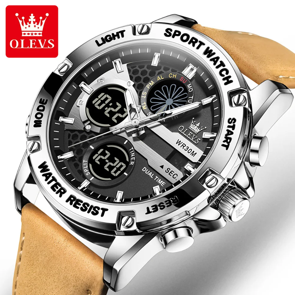 

OLEVS 1110 Multi Function Quartz Watches for Man Fashion Casual Leather Strap Dual Time Waterproof HD Luminous Digital Man Watch