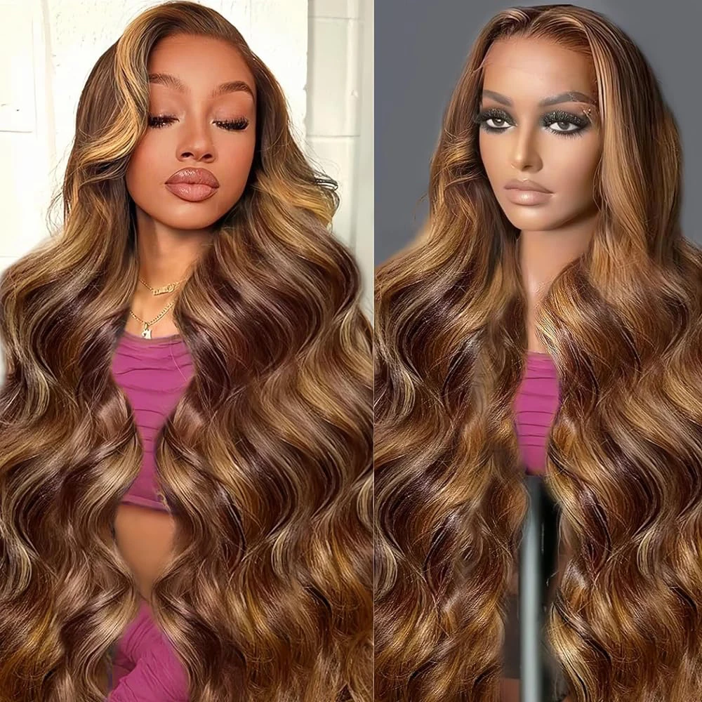 

Honey Blonde Ombre Lace Front Wig Human Hair Pre Plucked 4/27 Highlight Ombre Body Wave Transparent Lace Frontal Wigs For Woman
