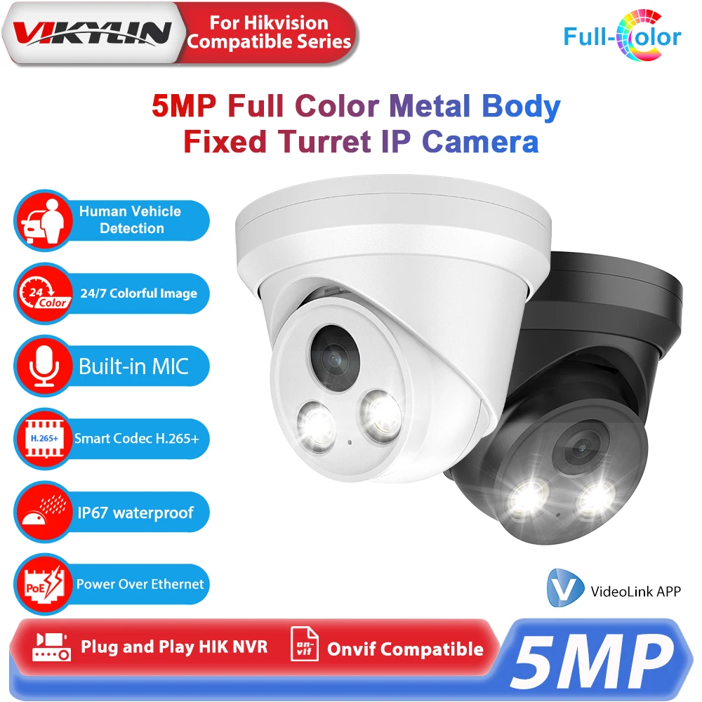 Vikylin IP Camera 5MP Full Color Night Vision Hikvision Compatible MD2.0 with MIC IP67 Outdoor Home Surveillance Security Camera