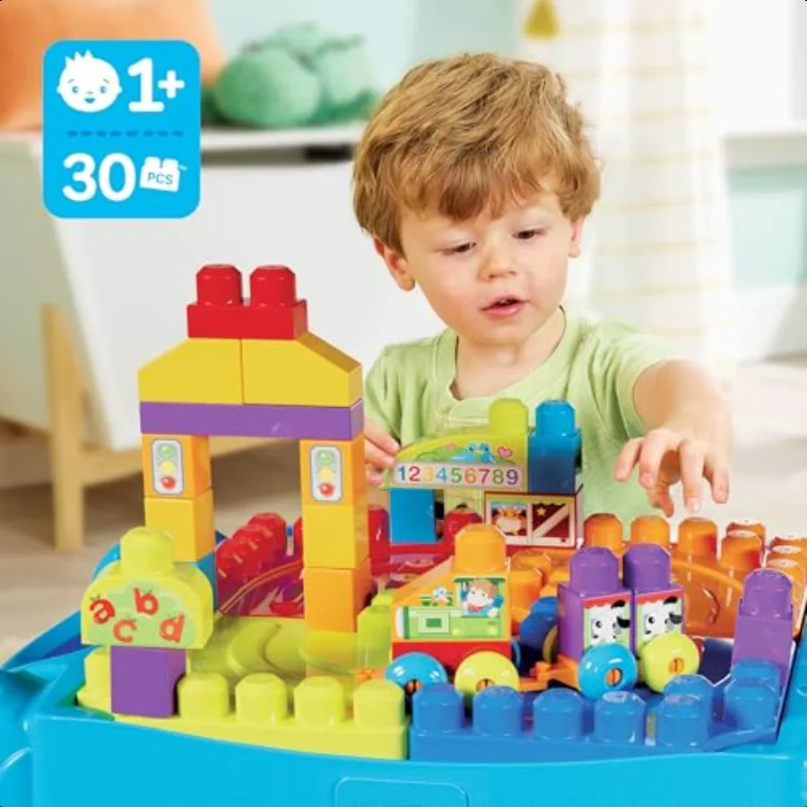 MEGA BLOKS First Builders Toddler Blocks Toy Set Build n Learn Activity Table with 30 Pieces and Storage Blue Ages 1+ Years Exc