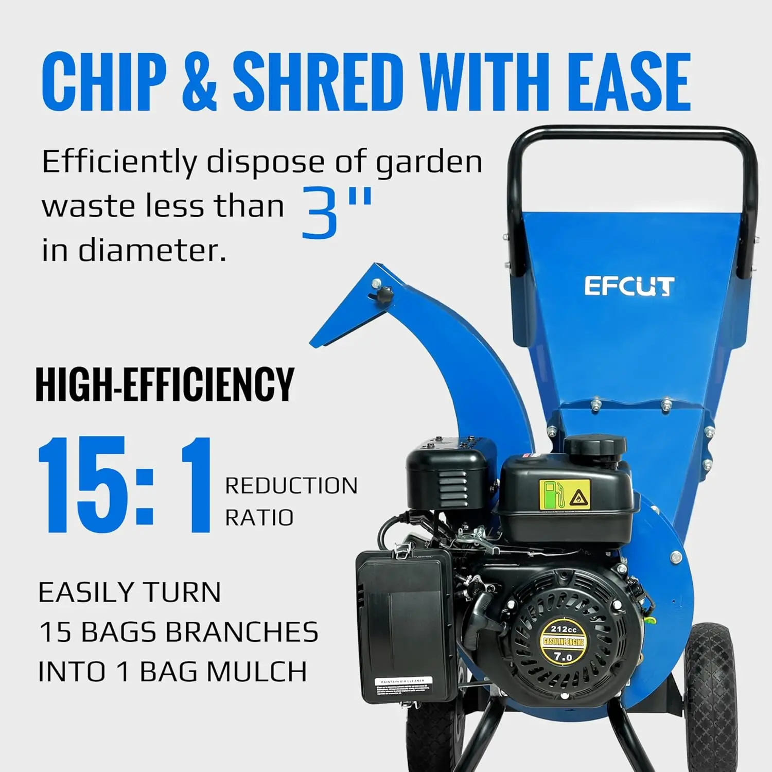 C30 Wood Chipper Shredder Heavy Duty 7 HP 212cc Gas Powered 3 Inch Max Capacity 1-Year Warranty After Product Regis