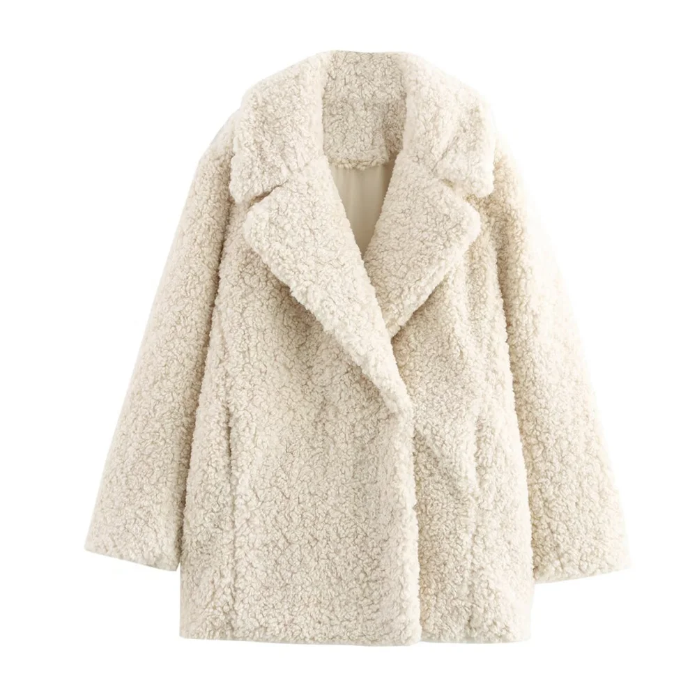 Autumn and winter new casual women\'s clothing fashionable lapel long sleeved double breasted faux fur effect coat jacket