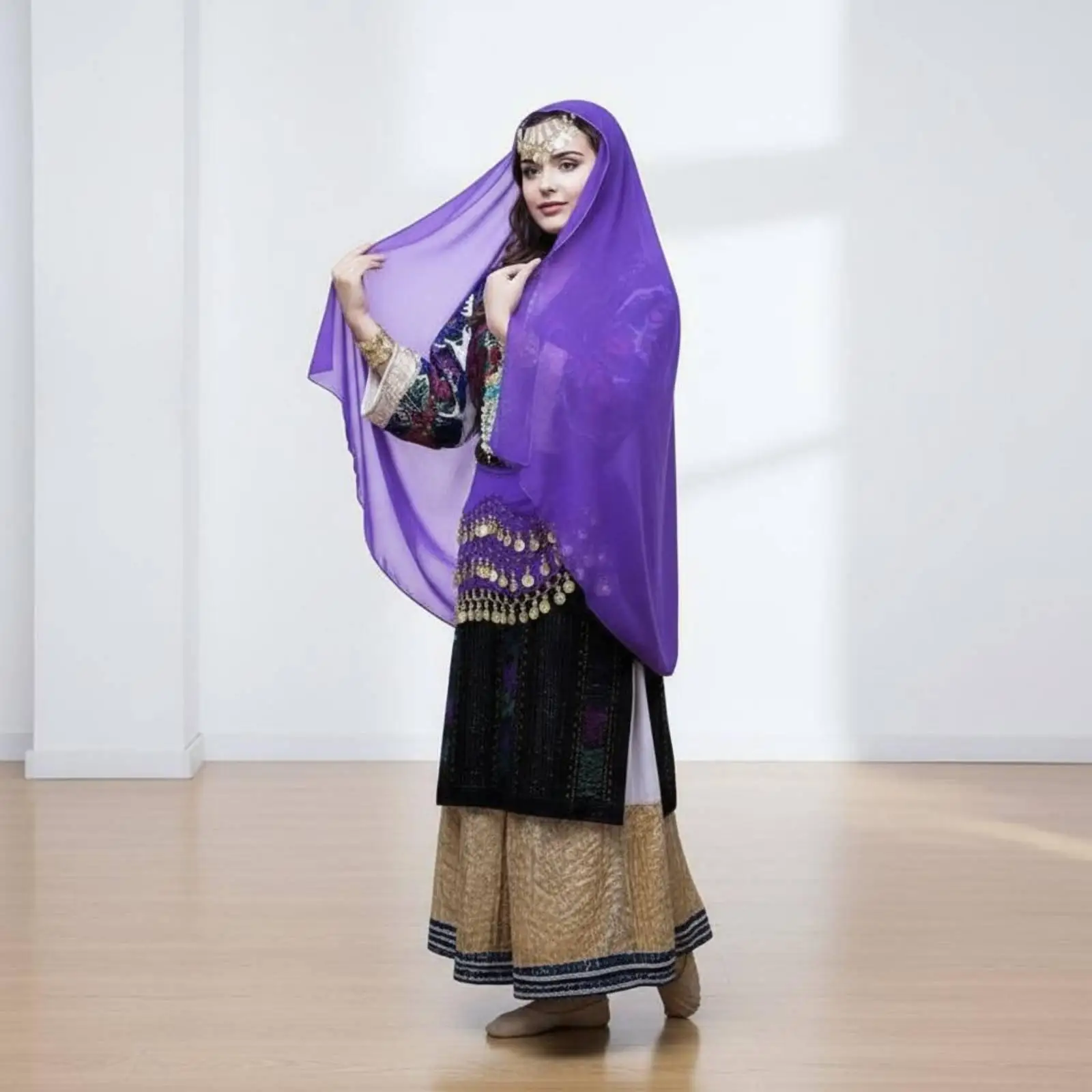 Lightweight Polyester Dance Costume Set for Women Fortune Teller Style Gold Sequin Hip Scarf Head Piece Disc Bracelets for Belly