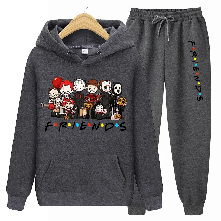 Men\'s Autumn And Winter Halloween Letter Printed Wool Hoodie+Pants Casual Set Fleece Warm Couple Harajuku Clothing Holiday Gift